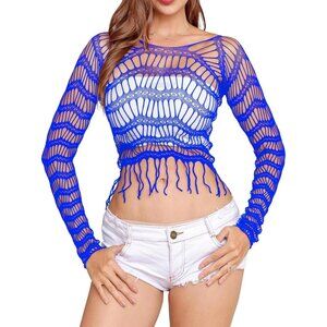 🆕 Women Blue Fishnet Crop Top Babydoll Chemise Lingerie Tassels Stretchy Nylon